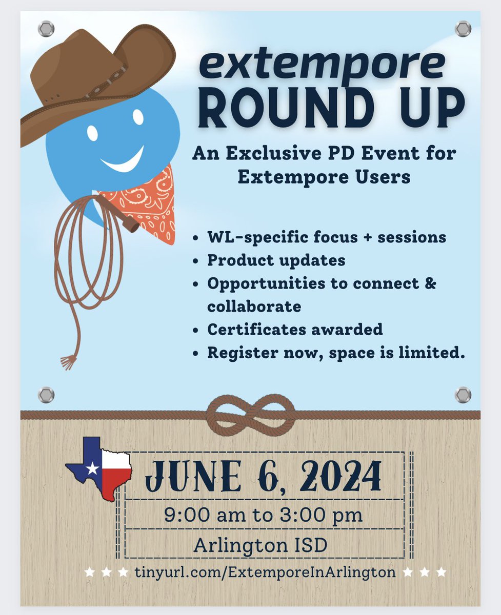 Haley Martinez (@1haleymartinez) on Twitter photo Calling all North TX Extempore users! ๐ข๐ฃ
We would love for you to join us on June 6th in Arlington ISD for some in-person training and WL specific sessions.
<a href="/LawvLaw/">Veronica Law</a> <a href="/RichardsonISD/">Richardson ISD</a> #RISDWeAreOne <a href="/AndyProsperWL/">Andy Myers</a> <a href="/ProsperISD/">Prosper ISD</a>
Register here! tinyurl.com/ExtemporeInArlโฆ Calling all North TX Extempore users! ๐ข๐ฃ
We would love for you to join us on June 6th in Arlington ISD for some in-person training and WL specific sessions.
<a href="/LawvLaw/">Veronica Law</a> <a href="/RichardsonISD/">Richardson ISD</a> #RISDWeAreOne <a href="/AndyProsperWL/">Andy Myers</a> <a href="/ProsperISD/">Prosper ISD</a>
Register here! tinyurl.com/ExtemporeInArlโฆ