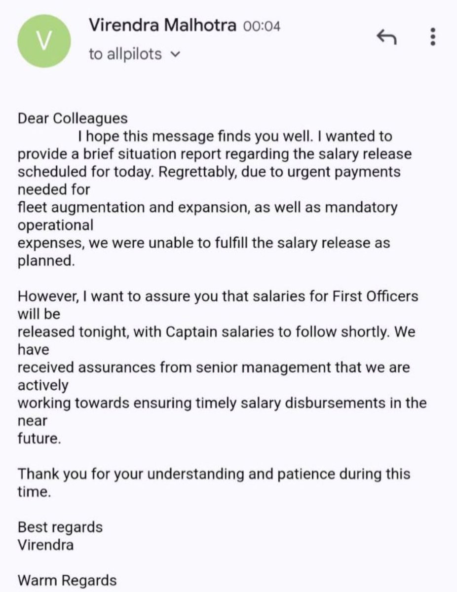 Meanwhile, salaries have been delayed at SpiceJet bcz payments have to be made for aircraft, says this mail below to employees. Laugh out loud