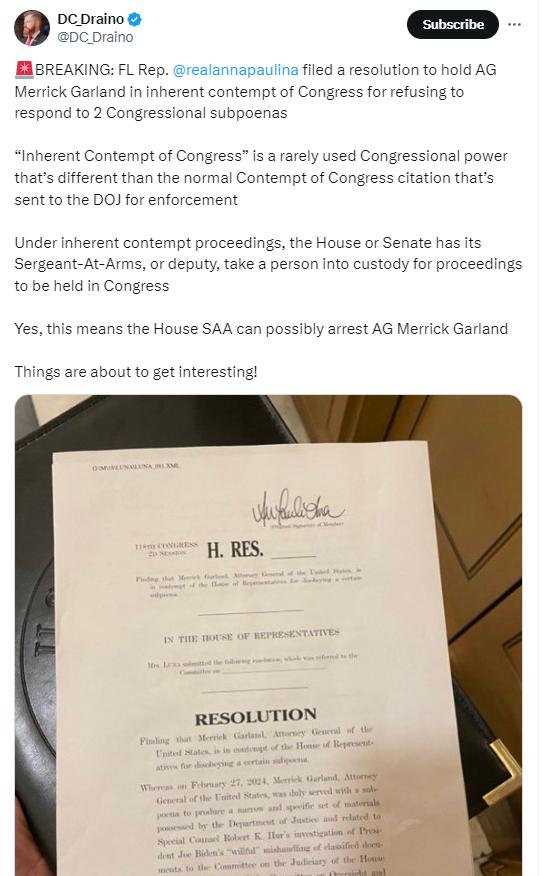 Merrick Garland is in Contempt. House Resolution Filed...but this one is different... Inherent Contempt of Congress Sergeant at Arms - at the direction of the Speaker - can make arrest! 💥💥