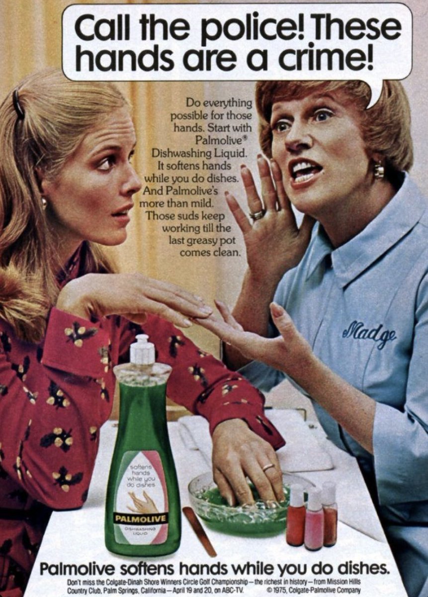 Madge says, “Call the police! These hands are a crime!” Palmolive softens hands while you do dishes. #VintageAd (1975)