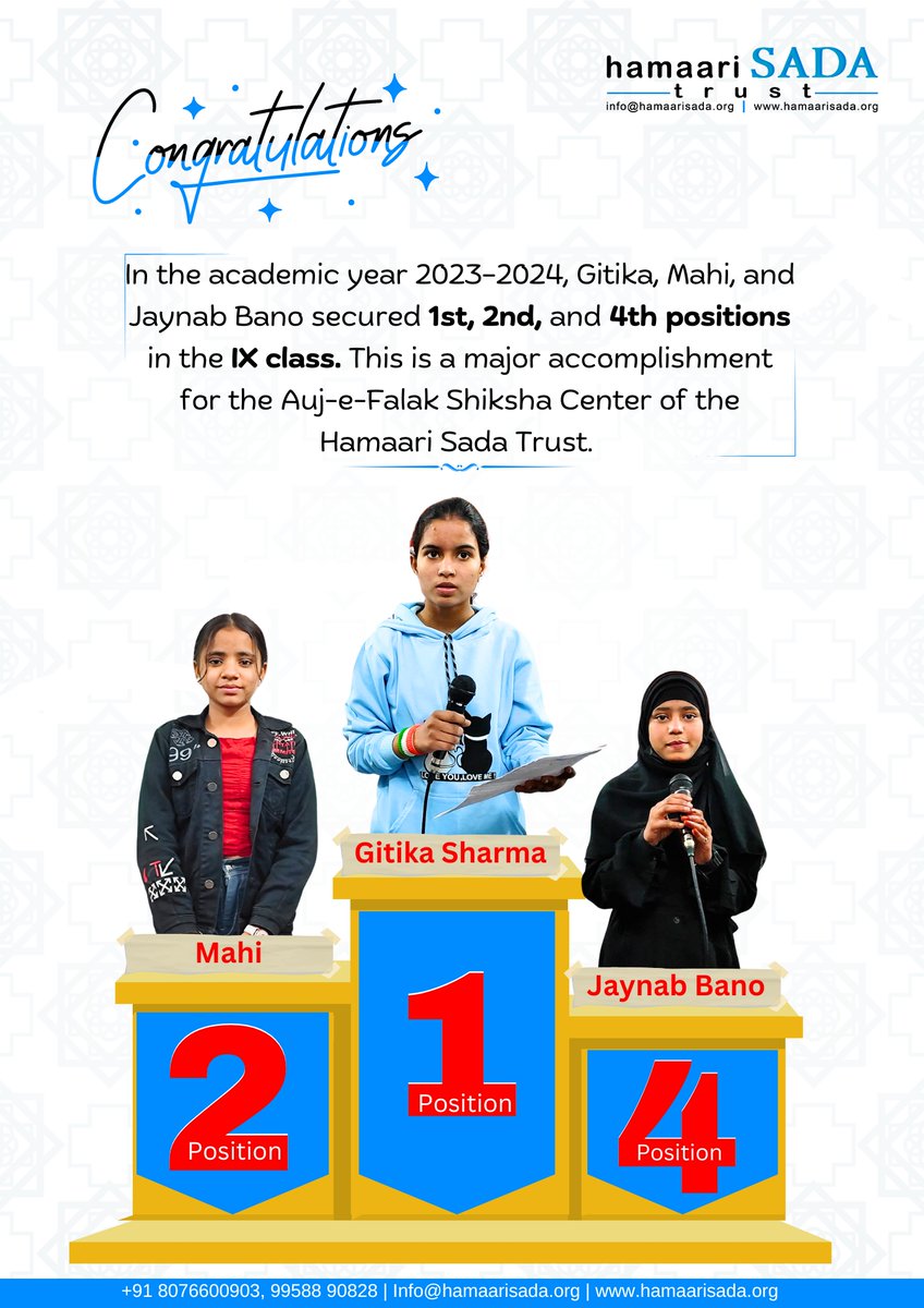 #Congratulations students and teachers, for the achievement. In the academic year 2023–2024, Gitika, Mahi, and Jaynab Bano secured 1st, 2nd, and 4th positions in the IX class. This is a major accomplishment for the Auj-e-Falak Shiksha Center of the Hamaari Sada Trust. Hamaari…