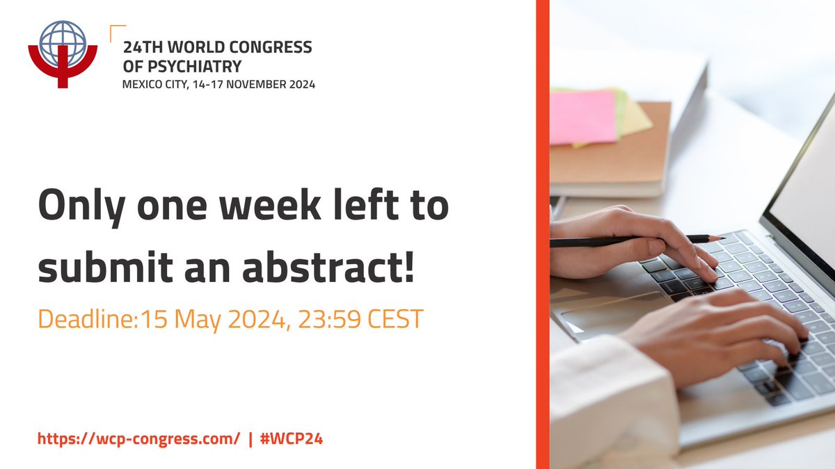 Only one week left to submit your abstract for #WCP24! ⏳ Your research can shape the future of #MentalHealth care and improve outcomes worldwide. 📢 Showcase your findings and contribute to the global dialogue in #psychiatry: bit.ly/3ydBV2z