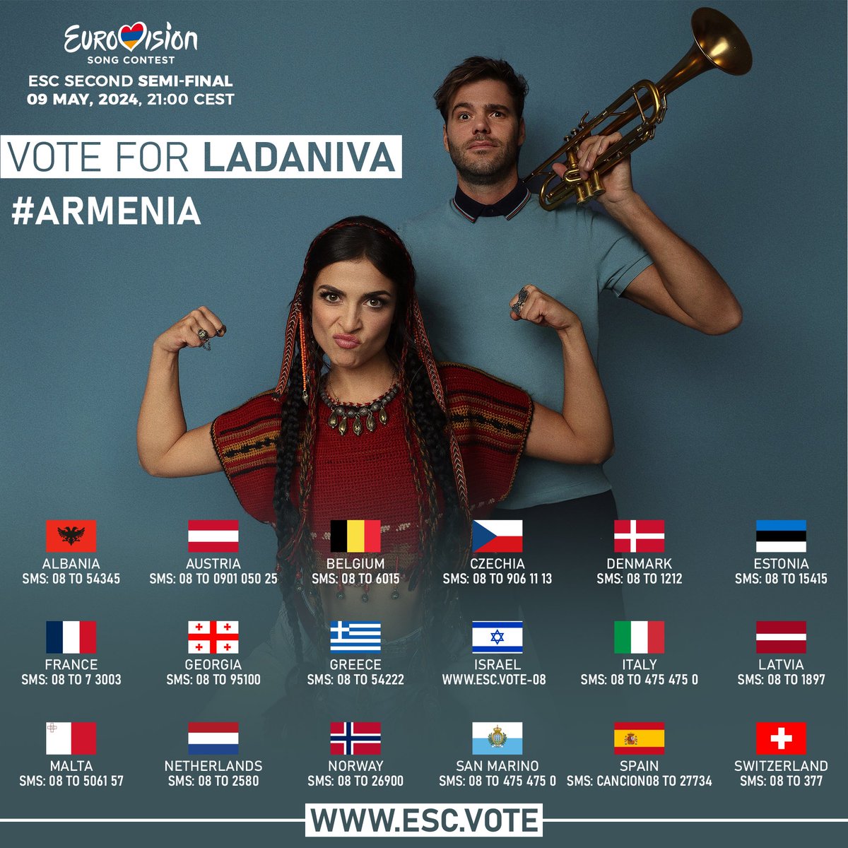 📲 Here’s the list of all the countries that can vote for LADANIVA in the 2nd semi final of Eurovision! LADANIVA’s performance number is 08. You can vote using the official Eurovision Song Contest app, or by telephone and/or SMS. 📺 Watch the 2nd Semi-final LIVE on Thursday.
