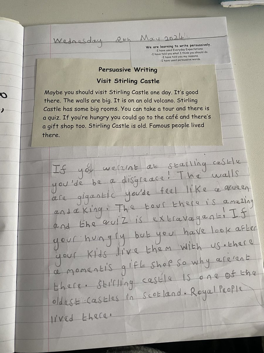 MrsMcLeanIPS's tweet photo. P3 weren’t very impressed with my attempts to convince people to visit Stirling Castle 😕 so they uplevelled the writing using persuasive techniques! 🏰 https://t.co/XCaDd1lG1d
