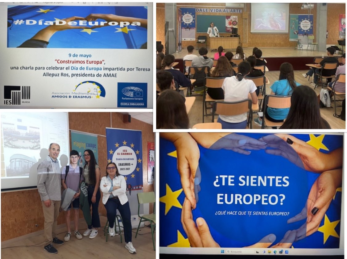 “Construimos Europa”,una charla de nuestra presidenta con alumnado del @IES_El_Carmen #Murcia, centro acreditado #ErasmusPlus además de #EscuelaEmbajadora del @Europarl_ES. ¡Magnífica forma de celebrar el #DíadeEuropa hablando de valores 🇪🇺y de lo que la #UE ofrece a los jóvenes