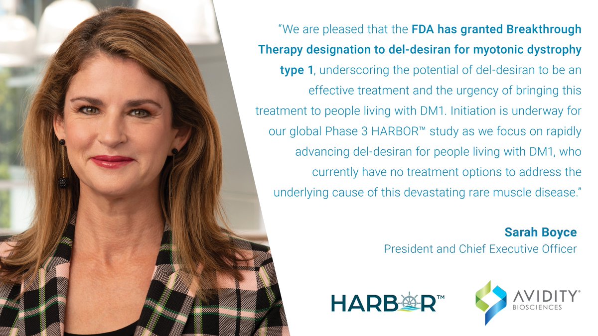 Today we announced that the U.S. FDA has granted Breakthrough Therapy designation to our lead clinical development program for the treatment of myotonic dystrophy type 1 (#DM1). Learn more in our press release: aviditybiosciences.investorroom.com/2024-05-08-Avi…