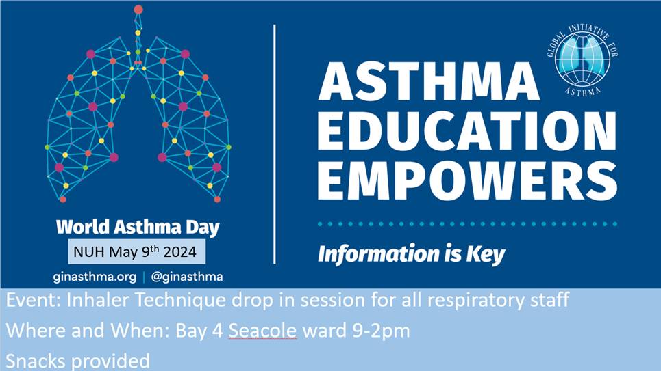Sally Manning (@sallymanningnuh) on Twitter photo Want to learn more about inhalers? Pop into Seacole ward at City Hospital Thursday 9th May 9am-2pm.
Opportunity to try out different inhalers and chat to the asthma team. Snacks provided 😉
<a href="/NUH_Respiratory/">NUHRespiratory</a> <a href="/NUHMedicine/">NUH Medicine</a> <a href="/NUHNursing/">NUH Nursing</a> Want to learn more about inhalers? Pop into Seacole ward at City Hospital Thursday 9th May 9am-2pm.
Opportunity to try out different inhalers and chat to the asthma team. Snacks provided 😉
<a href="/NUH_Respiratory/">NUHRespiratory</a> <a href="/NUHMedicine/">NUH Medicine</a> <a href="/NUHNursing/">NUH Nursing</a>
