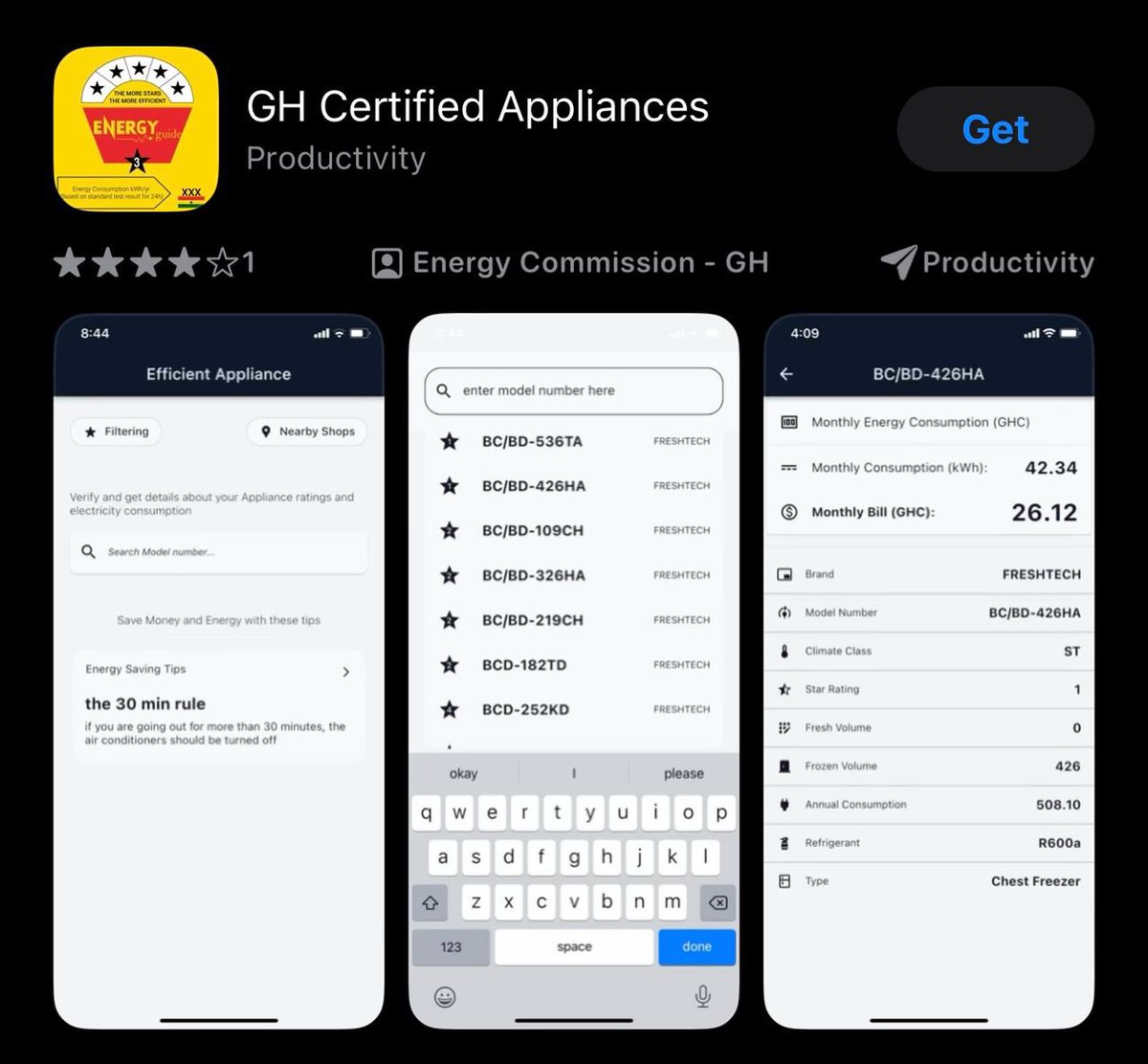 DYK the GH certified appliances app by @CommissionGhana allows you to: 1️⃣verify electrical appliances that are approved to be used in🇬🇭 2️⃣calculate monthly consumption 3️⃣discover nearby approved retailers Get this app to make right decisions & save the envt #ForPeopleForPlanet