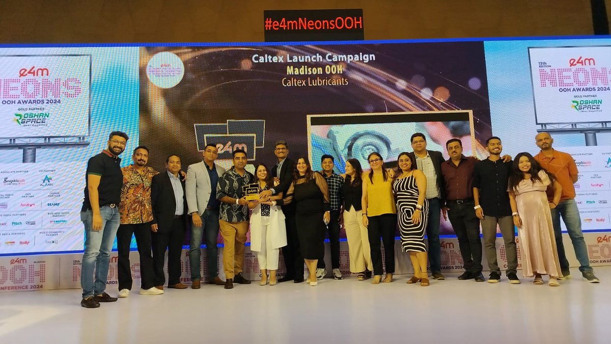e4mevents's tweet image. Setting new benchmarks in OOH Advertising, congratulations to the winners of #e4mNeonsOOH Awards.🏆 Your creativity knows no bounds🔥👏

Category : Automobiles
Winners : #CaltexLubricants, @MadisonWorldIND, @TataCompanies, @MadisonWorldIND, #ideacafe

#OOHAwards #OOHExcellence
