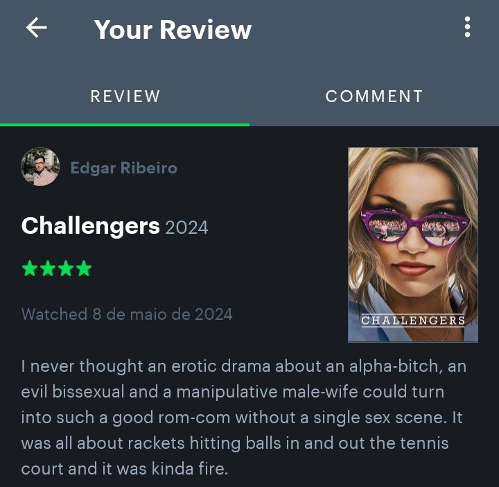 I look at my Letterboxd review of CHALLENGERS and I still don't find a way to put it in more professional words #Zendaya #ChallengersMovie