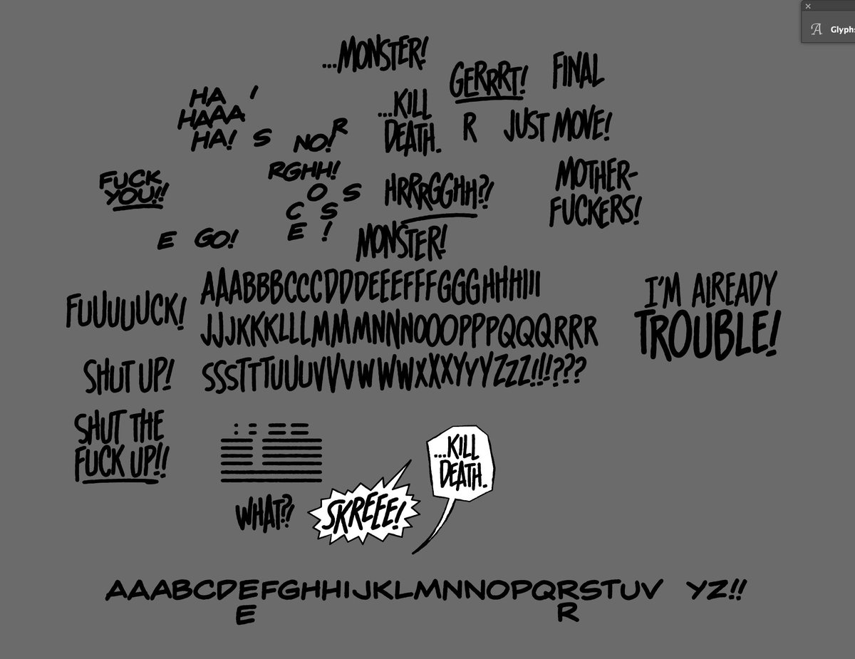 Lovely day. So far, I've designed a 3rd option for a cover blurb for Skottie, I prepped another 20 pgs of Masque for Wendy Pini, and now I'm tinkering on 3 different font ideas. One of which is Project B-Nib Shouts, which will have a condensed and extended version (on the bottom)