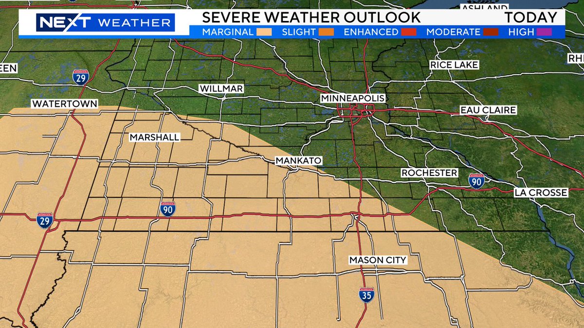 Storms possible for southern MN later today, some of which could be severe. Hail, damaging winds, heavy rain are the main threats. @wcco