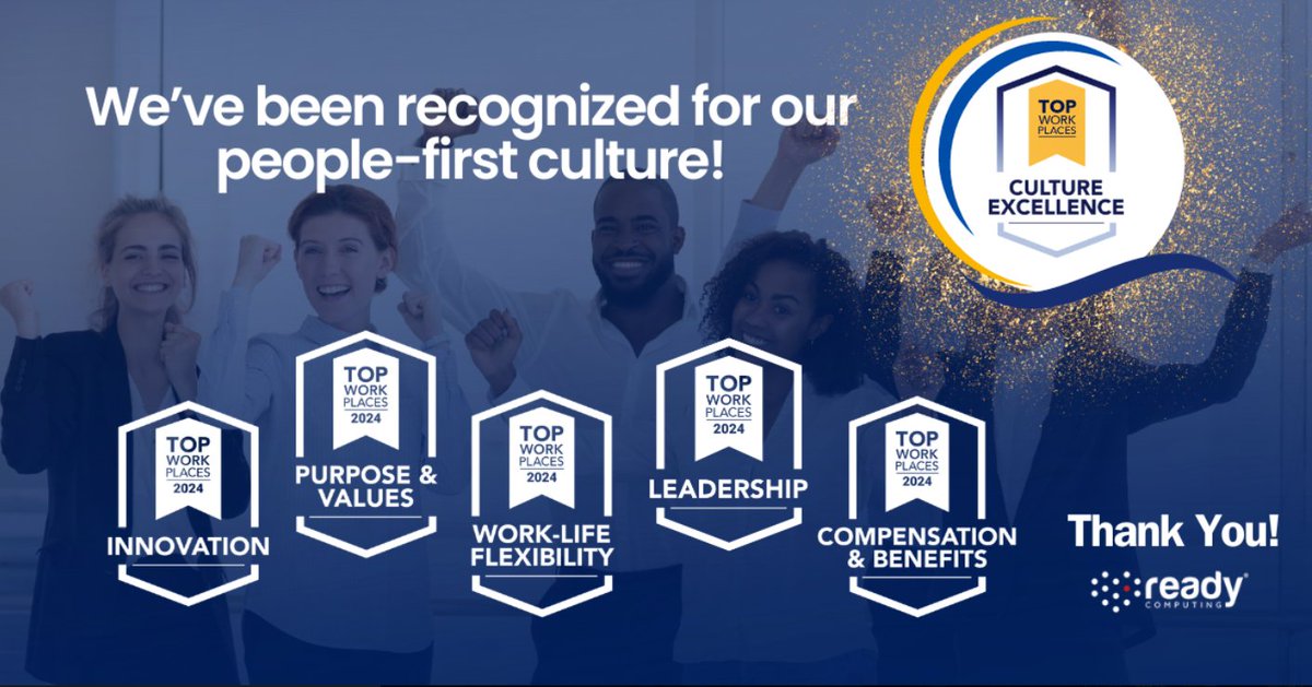 Ready Computing is proud to be recognized for Culture Excellence by @TopWorkplaces 🏆 This award is a testament to our commitment to our employees and our vision of making Ready Computing a Great Place to Work. #TopWorkplaces #CultureExcellence #CompanyCulture