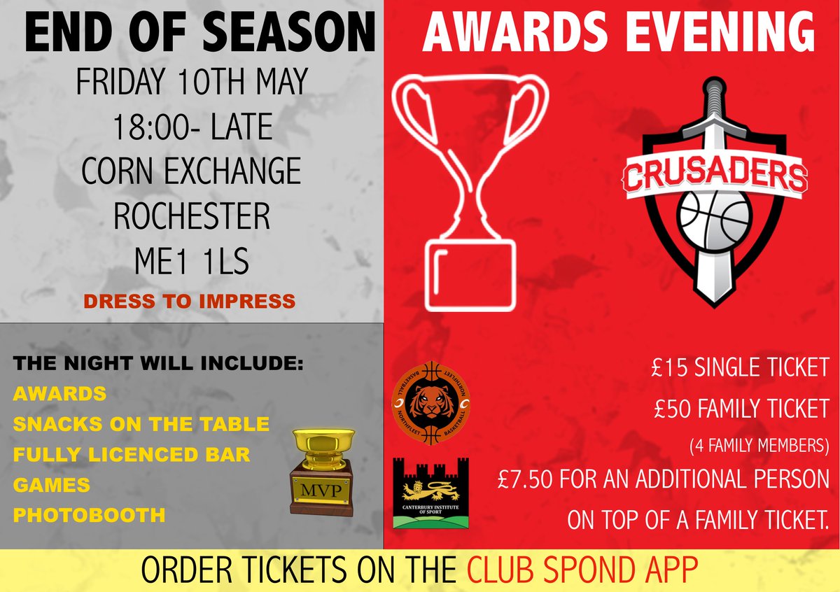🏆 LAST CHANCE FOR EOS TICKETS 🚨 The deadline for tickets is midnight tonight, national league players, parents and supporters make sure you grab yours now. Only 25 remaining. You will not want to miss it. #CrusadersAwards 🎟️ club.spond.com/landing/course…