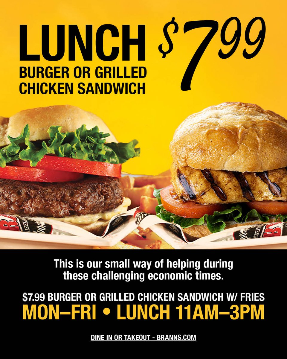 Lunchtime just got a whole lot tastier! Devour your choice of a grilled chicken sandwich or a mouthwatering burger, all for just $7.99. Visit us today! 🍔📷 #EatAtBranns #Lunch #LunchTime #Lunchbreak #Eat