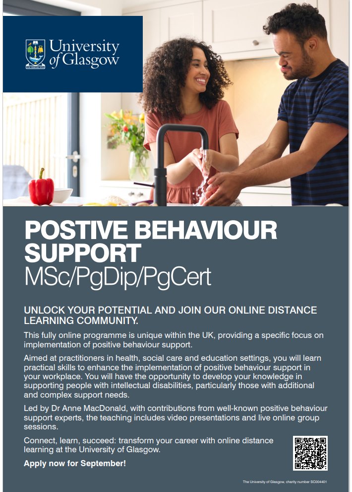 Applications are now open for September for post graduate training in Positive Behaviour Support @UofGlasgow, led by Dr. Anne MacDonald. Please share with anyone looking to deepen their practice & knowledge around PBS #learningdisabilities bit.ly/3yb7M3R @SCLDNews