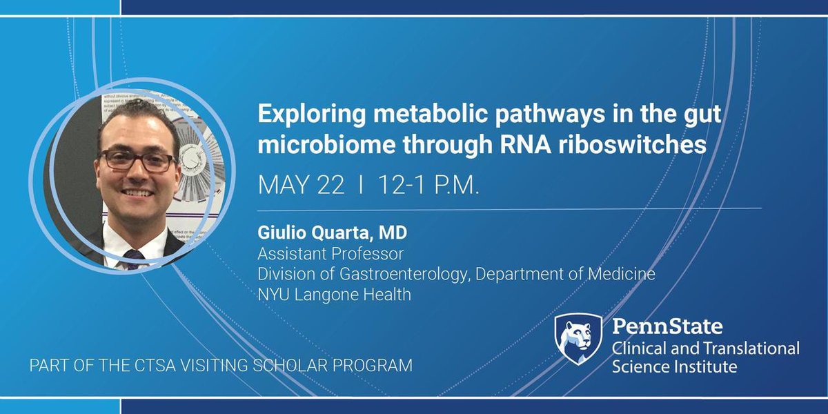 Hey @PSUresearch! CTSI's KL2 program is participating in the #CTSA Visiting Scholar program, featuring scholars willing to give a grand-rounds talk. Join us and scholar, Giulio Qaurta, MD, on May 22 from 12-1 PM. @CCOS_CTSA @nyulangone  Register: bit.ly/3wuAMDh