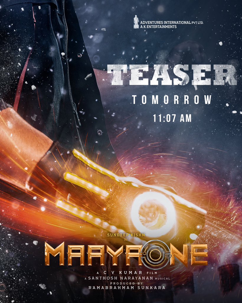 MaayaOne_Reload's tweet photo. #MaayaOneTeaser will be out TOMORROW @11:07 AM ❤️‍🔥

Stay tuned to witness the epic clash between the “Common Man” and “SuperVillain” in the world of #MaayaOne ♾️ 

@sundeepkishan @icvkumar @NeilNMukesh @akansharanjan @Music_Santhosh @AnilSunkara1 @dopkthillai @AKentsOfficial https://t.co/4tInQTj5dd