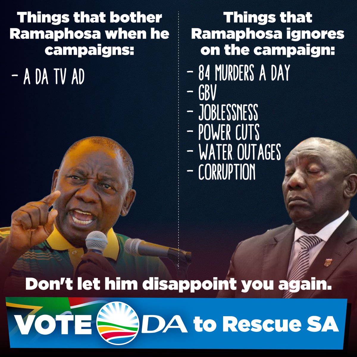 🚨 As more South Africans join the unemployment queue and children die from hunger, President Ramaphosa continues to preside over job-killing policies. The stakes are too high to stay at home in this election, let's unite to #RescueSA on 29 May. Ramaphosa is not worth the cost!