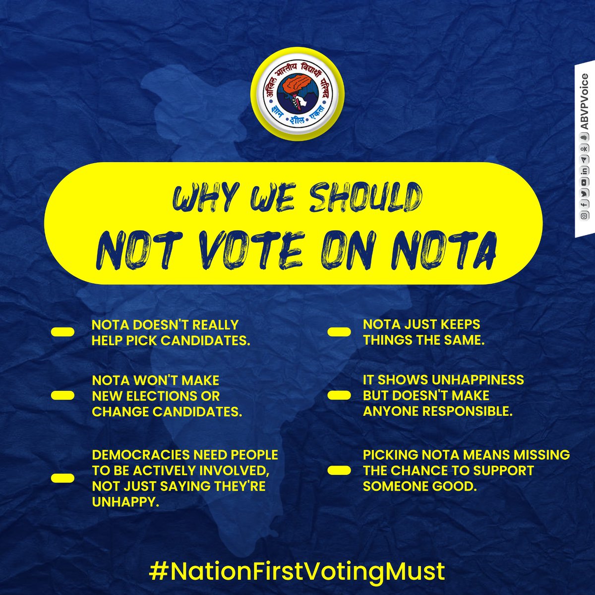 Every vote has the power to shape the course of our nation. Choose to use yours wisely by voting for a candidate! Say No to NOTA! #NationFirstVotingMust