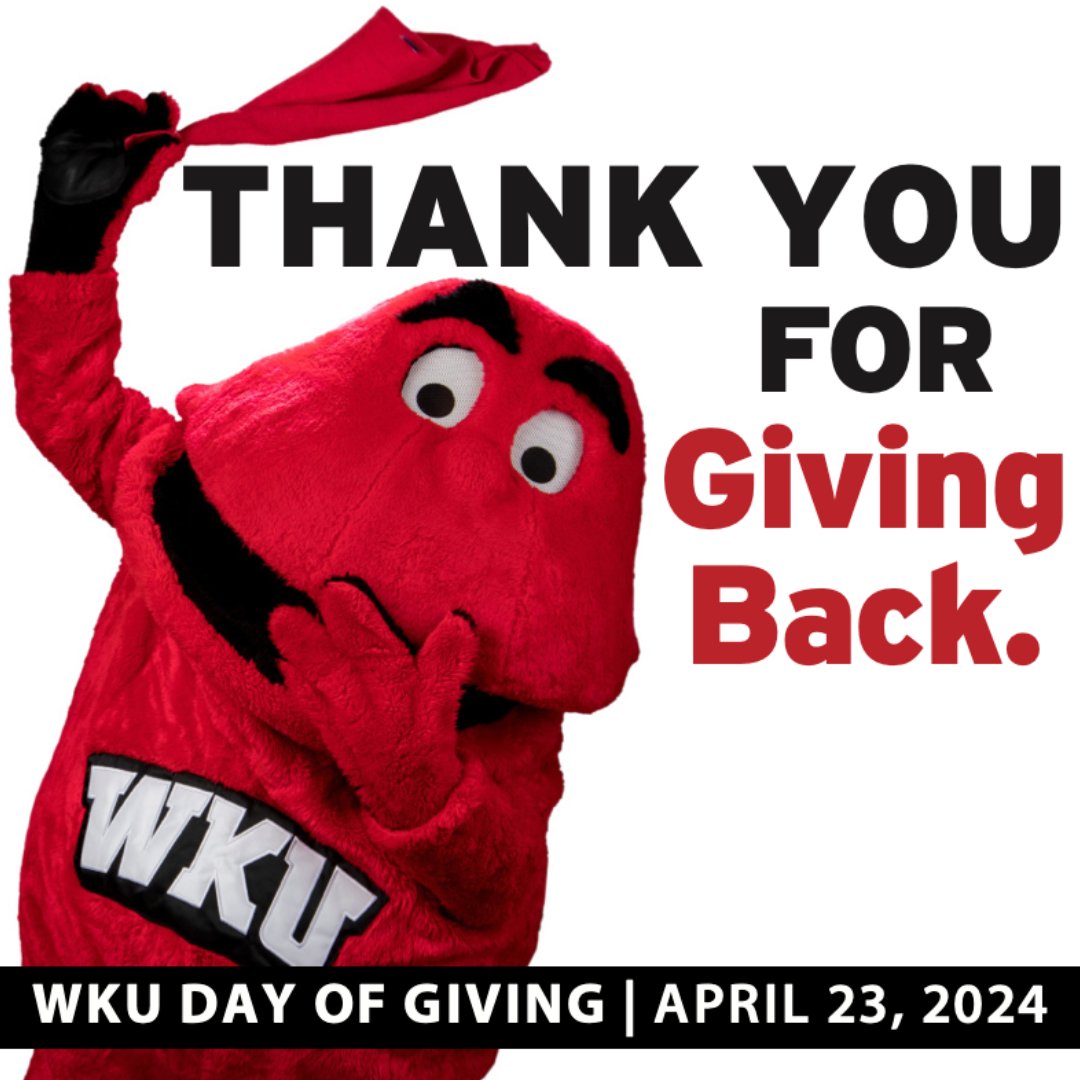 The inaugural WKU Day of Giving was held on 4/23 as a way to bring together the WKU Family to share the WKU Spirit & support the University. Because of your support & generosity, $378,796 was brought in! For more info about #WKUDayofGiving, please visit bit.ly/4ahuS65