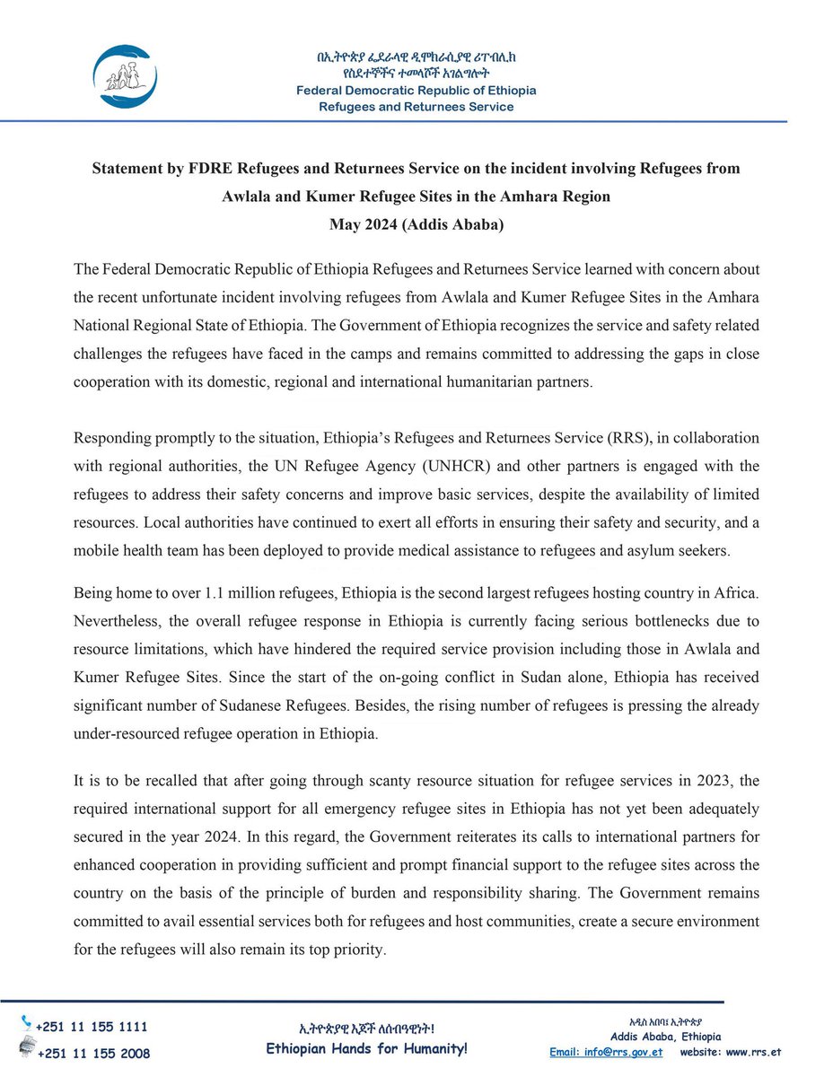 #Statement by FDRE Refugees and Returnees Service on the incident involving #Refugees from Awlala and Kumer Refugee Sites in the Amhara Region.
