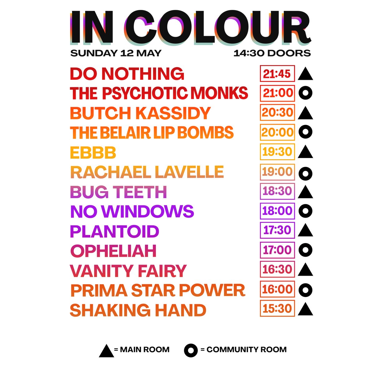IN COLOUR TIMINGS! ⏱️ No clashes at this year's IN COLOUR festival - as we bounce between both our rooms showcasing some of the most exciting music around.⚡ Make sure you've got your ticket below - there's only one place to be this weekend.👇 ➡️ bit.ly/InColour2024