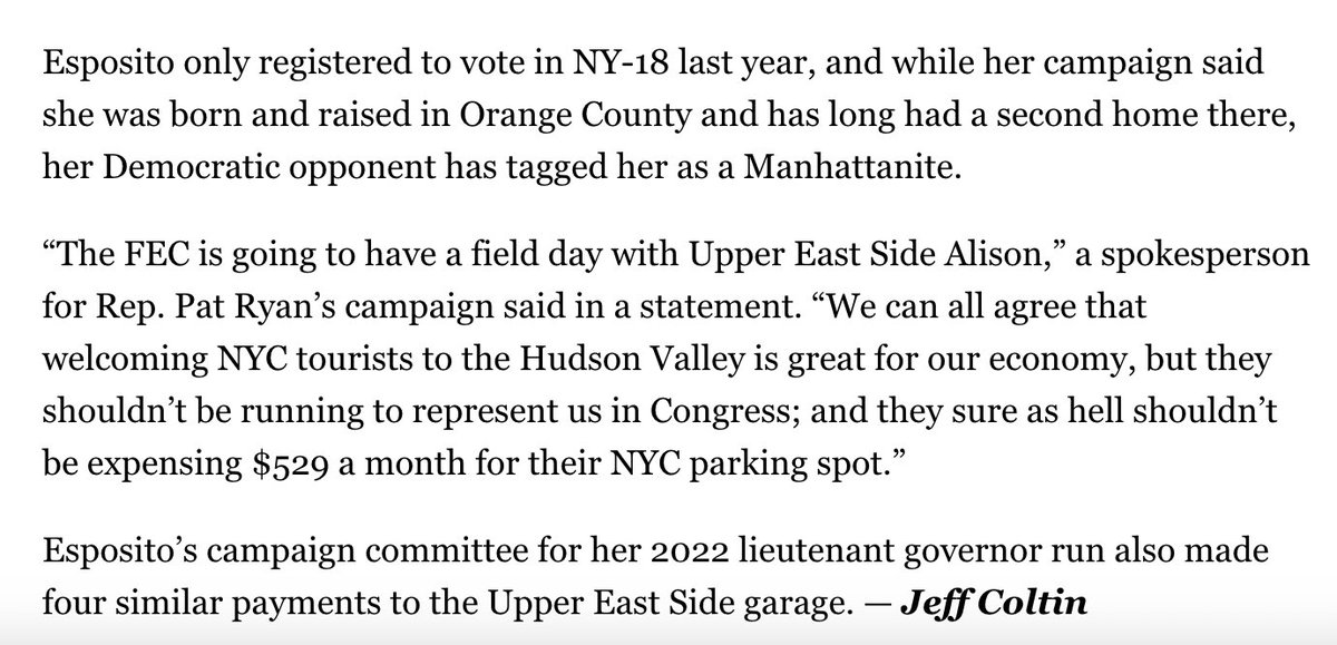 Alison Esposito's campaign paid for parking by her Manhattan apartment - but she's running in #NY18 in the Hudson Valley. The Republican's campaign said it'll reverse the charges. Dem Rep. Pat Ryan calls her 'Upper East Side Alison.' politico.com/newsletters/ne…