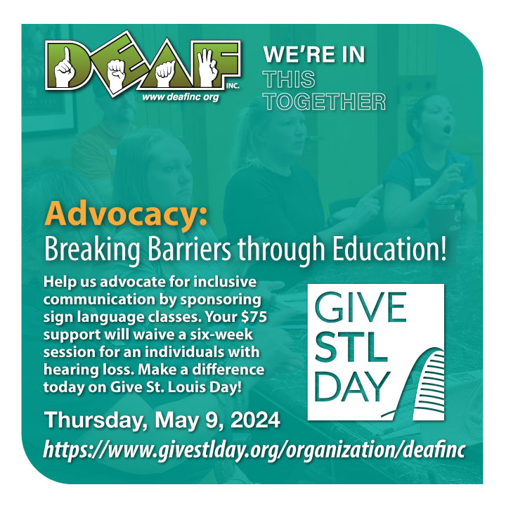 DEAF_Inc's tweet image. LET'S BREAK BARRIERS THRU EDUCATION!  Help us advocate for inclusive communication by sponsoring sign language classes. Your $75 support will waive a six-week session for individuals with hearing loss. Donate now: givestlday.org/deafinc  #deafinc #givestlday #ASLclasses