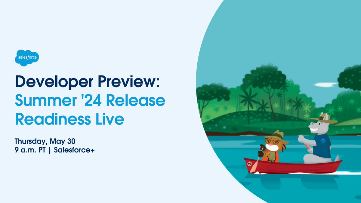 It's time to get Release Ready, #developers! ➡️ sforce.co/4brrHK5 Watch Release Readiness Live Summer '24 #Developer Preview to learn about the latest enhancements to #AI + data tools, Apex, Lightning Web Components, #APIs, integrations, and more. Watch the livestream May…