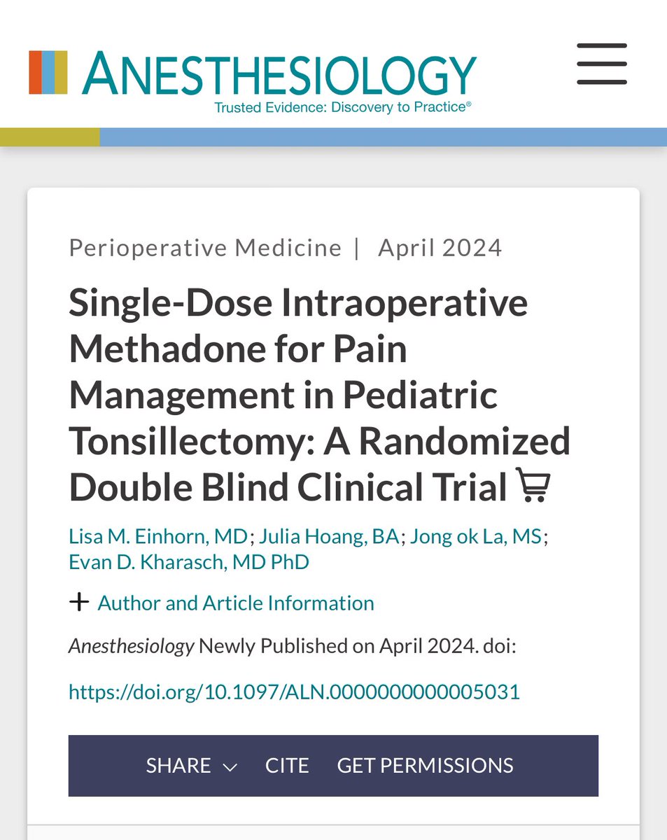 Results from our #clinicaltrial using methadone for #PedsPain in children having tonsillectomy is online ahead of print @_Anesthesiology! 🎉 Special thanks to Dr Evan Kharasch, @Duke_Anesthesia and @DukeOPSD for their support #PedsAnes pubs.asahq.org/anesthesiology…