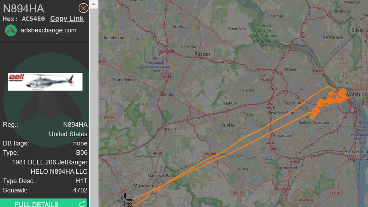 Likely powerline inspection helicopter circled Arlington this morning. Launched & landed at Manassas Regional Airport - KHEF. This is common yearly during warmer months. Thanks @HelicoptersofDC! anyone have pics? 📸@ARLnowDOTcom @STATter911