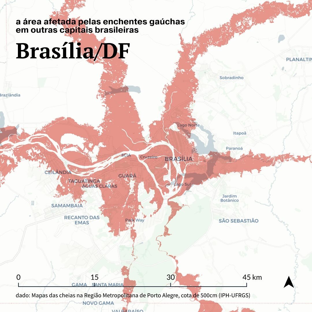 Parece difícil ter a dimensão territorial das áreas alagadas no Rio Grande do Sul, né? O @/versa.urb sobrepôs, para o mapa do DF, a mancha da inundação na Região Metropolitana de Porto Alegre. Se uma crise climática dessas proporções acontecesse aqui, Ceilândia, Taguatinga,…