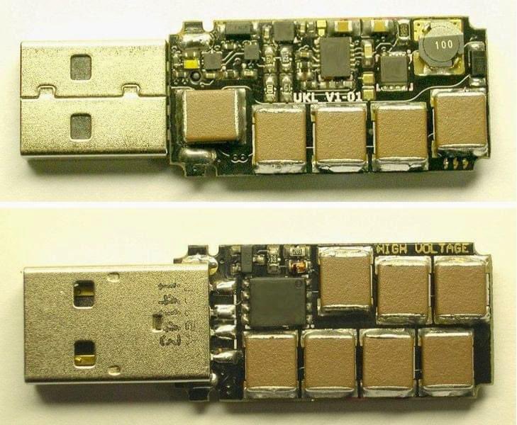 Librattus's tweet image. Si te encuentras una memoria usb killer tirada, antes de andar curioseando en sus archivos, mejor abrela del plastico, y si se parece a esta imagen llena de capacitores, ni te atrevas a revisarla ,es una #UsbKiller y tiene la capacidad de fundir 🔥 tu computadora.