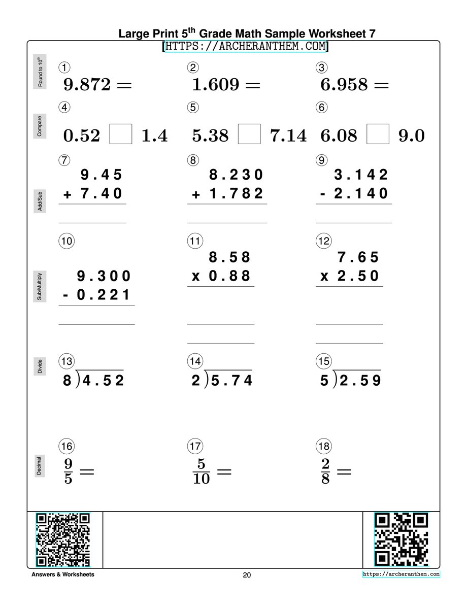 Large Print Printable 5th Grade Math Decimals  Worksheet  [ARCHERANTHEM.COM] Designed for Children with Low Vision, but Helpful for All Children. Scan QR Code for Answers and More Sample Worksheets.
archeranthem.com/workbooks/larg…
#homeschool #math #largeprint #SightLoss