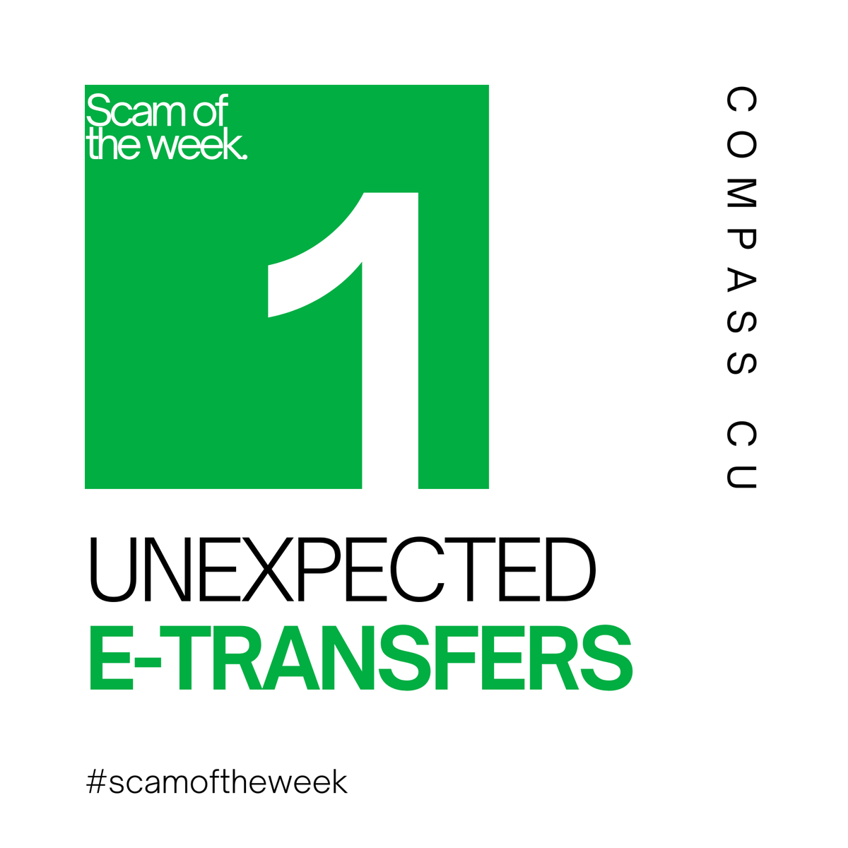 #1 Unexpected e-Transfers.

Unexpected e-Transfer scams have become a common form of fraud. Scammers will often send an email or message claiming you have received an unexpected e-Transfer payment, usually for a large or suspicious amount. 

#scamoftheweek #fraudprevention