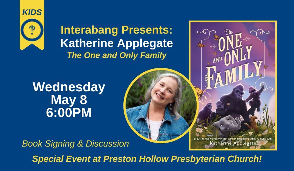 I'll be at at Preston Hollow Presbyterian Church in #DallasTX tonight at 6 PM CT to celebrate my last 'One and Only' story: THE ONE AND ONLY FAMILY. 🦍❤️ Readers, I'd love to meet you there! Event details here, via the lovely @interabangbooks: interabangbooks.com/event/interaba…