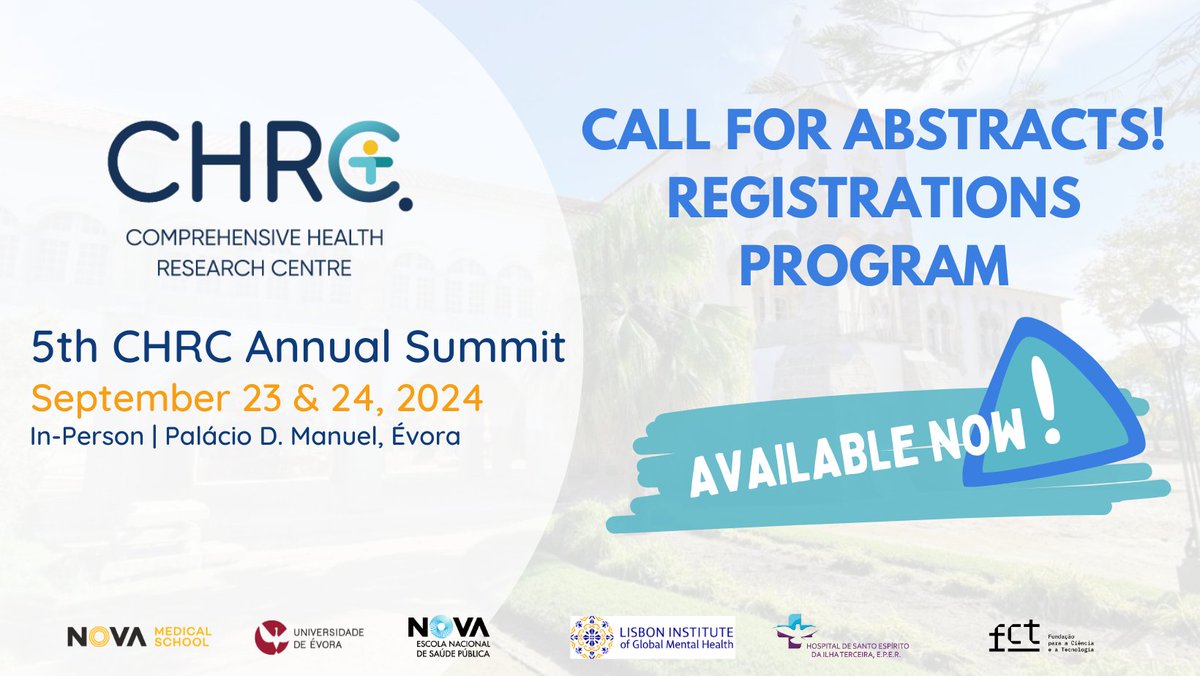 CHRC_Centre's tweet photo. 📢Welcome to the 5th CHRC Annual Summit!
Now you can submit your abstract, make your registration and take a peek to our provisional program!
Join us on the next September 23 &amp; 24 in Évora for the most important CHRC event of the year. 👋
Learn all at https://t.co/EI2EURYf1g https://t.co/ZIrMm3PpIA