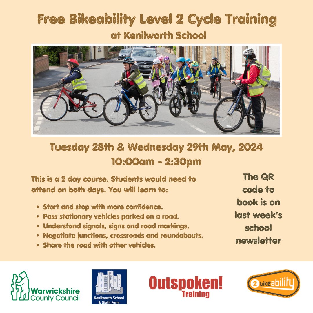 WCC Road Safety Education and Active Travel (@wccsafe_active) on Twitter photo Free Bikeability Level 2 Cycling Training at Kenilworth School during May half term!
To book your child's place visit: ow.ly/Lh2S50RzErX
Spaces are limited, so book today!
<a href="/OutspokenTrain/">Outspoken Training</a> Free Bikeability Level 2 Cycling Training at Kenilworth School during May half term!
To book your child's place visit: ow.ly/Lh2S50RzErX
Spaces are limited, so book today!
<a href="/OutspokenTrain/">Outspoken Training</a>