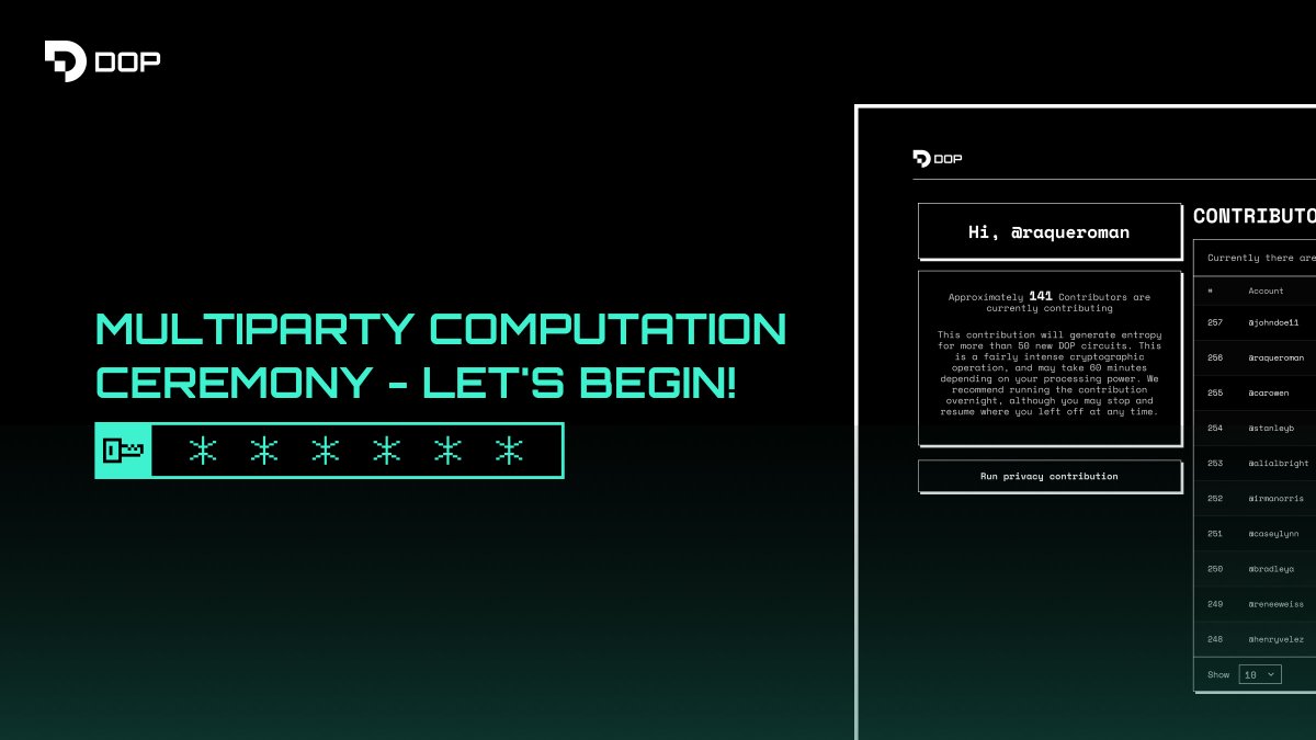 The DOP multiparty computation ceremony, one of the final steps before the mainnet launch, is now open for community participation! By joining, you can contribute to the security and decentralization of the DOP protocol. Participating is free and simple: ▪️ceremony.dop.org…