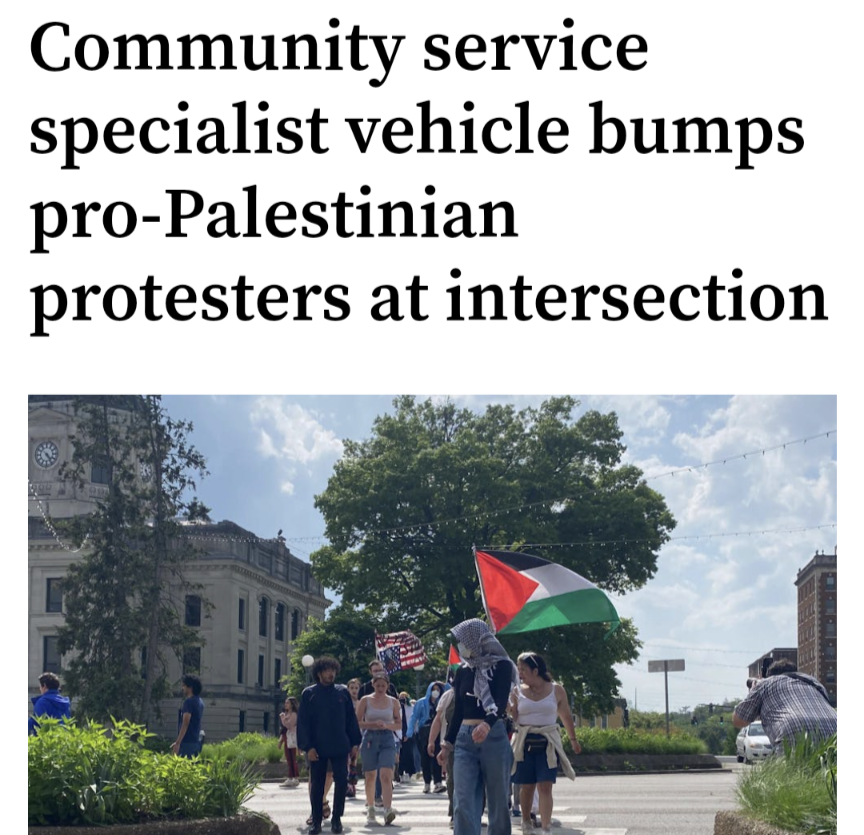 Yesterday, while protesters were marching around the city, a Bloomington Police department 'Community Service Specialist' vehicle repeatedly ran into protesters to move them out of the way. They hit me multiple times! Unhinged behavior.