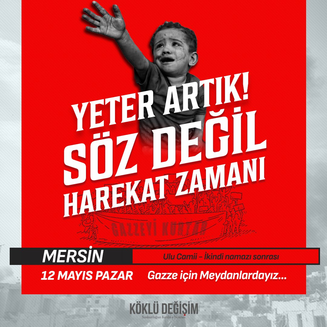 'Basın Açıklaması ve Duaya Davet' 'Yeter Artık! Söz Değil Harekat Zamanı' 📌Yer: Ulu Camii 📌Tarih ve Saat: 12 Mayıs Pazar İkindi Namazından Sonra Gasıp yahudi varlığı Filistin'de/Gazze'de kardeşlerimizi hunharca katlediyor. Kardeşlerimizin yanlız olmadığını göstermek adına