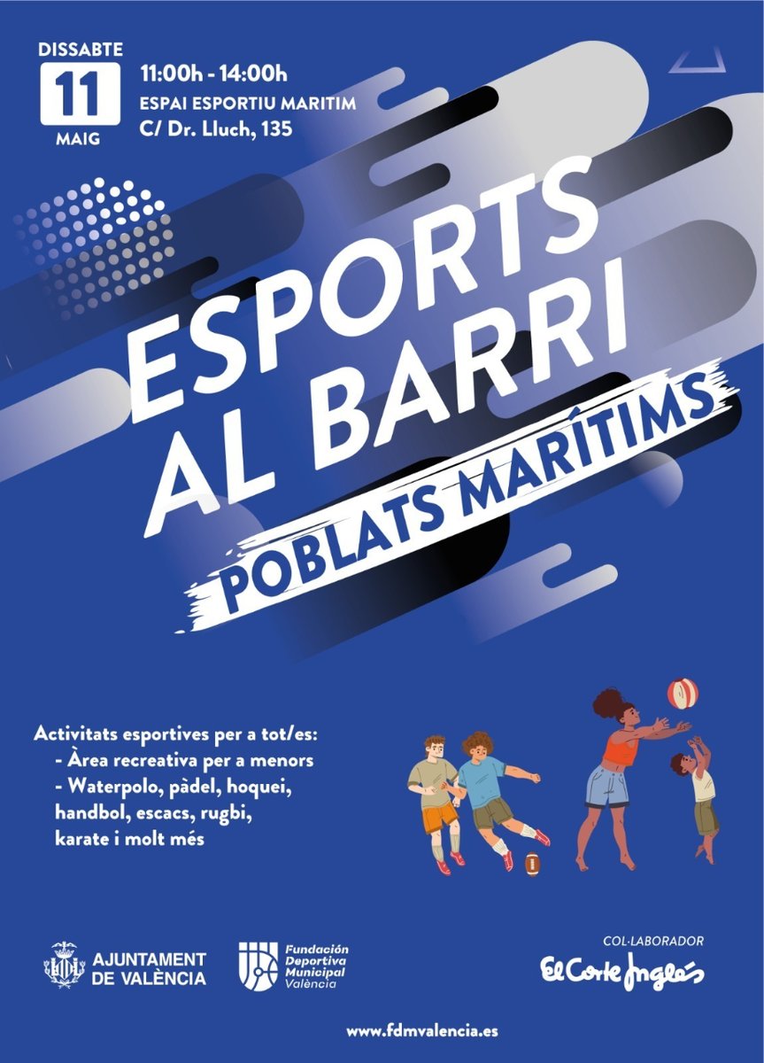 🏐 Dissabte 11, torna #EsportsAlBarri! Un programa de @FDMValencia, amb activitats per a tota la ciutadania, als #PoblatsMarítims. ▶️ Waterpolo🤽, hoquei🏑, escacs♟️, karate🥋, i més. ⏰ D' 11 a 14 h 📍 c/ Dr. Luch, 135
