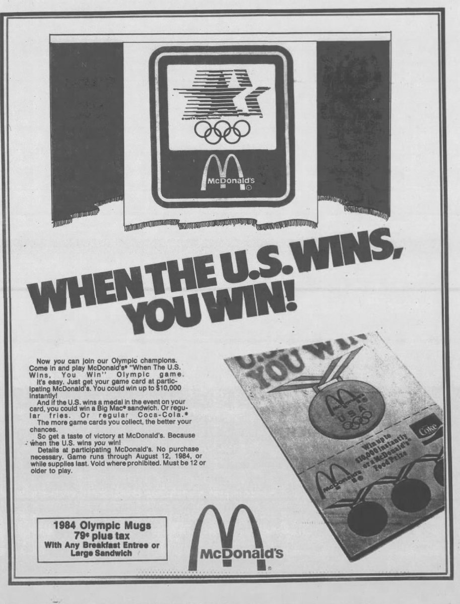 40 years ago today, the USSR boycotts the 1984 Olympics. Team USA set a medals record, which results in McDonald’s giving away millions of Big Macs, Fries & Sodas. The narrative? Mickey D’s was crushed. @cllctMedia found out that just wasn’t true cllct.com/sports-collect…