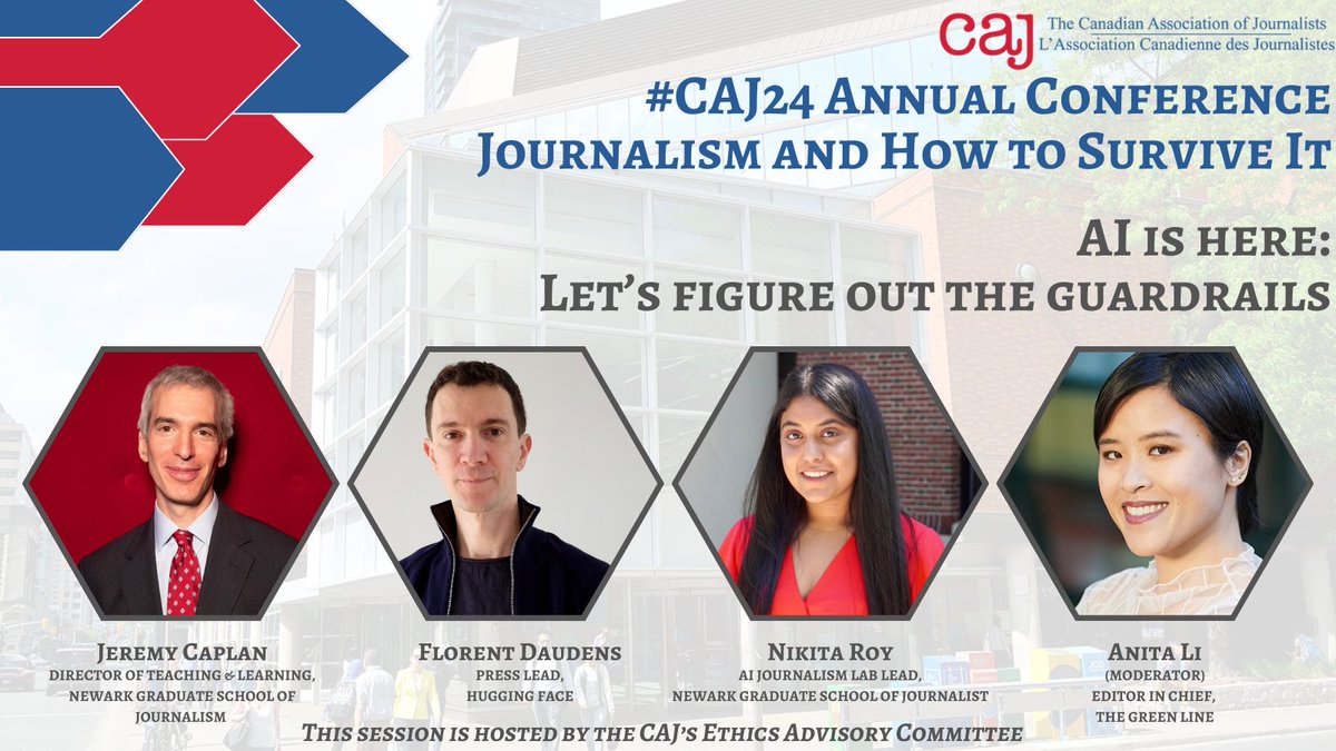As deepfakes and misinformation flood the internet @fdaudens @jeremycaplan @neeeda @bynikitaroy break down how journalists and newsrooms can use #AI ethically — and prevent it from threatening data privacy, security and our jobs. #CAJ24 tickets on sale: caj.ca/caj24/