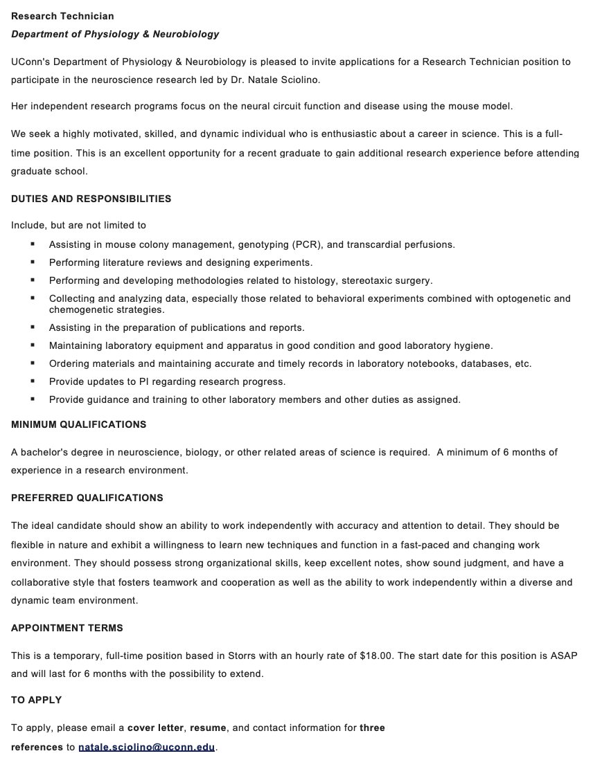 We are hiring a research tech to perform mouse colony management, genotyping (PCR), transcardial perfusions, brain histology, & mouse behavior. See posting HR24-68 for details. hr.uconn.edu/temporary-job-… . Pls RT.