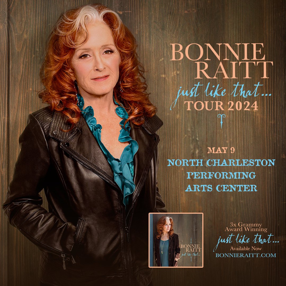 TONIGHT! Bonnie Raitt is bringing her Just Like That... Tour 2024 to the North Charleston Performing Arts Center. For all #KnowBeforeYouGo information, visit our website. Tickets still available for tonight's show here ➡️ bit.ly/3Qr8Ozy-Bonnie…