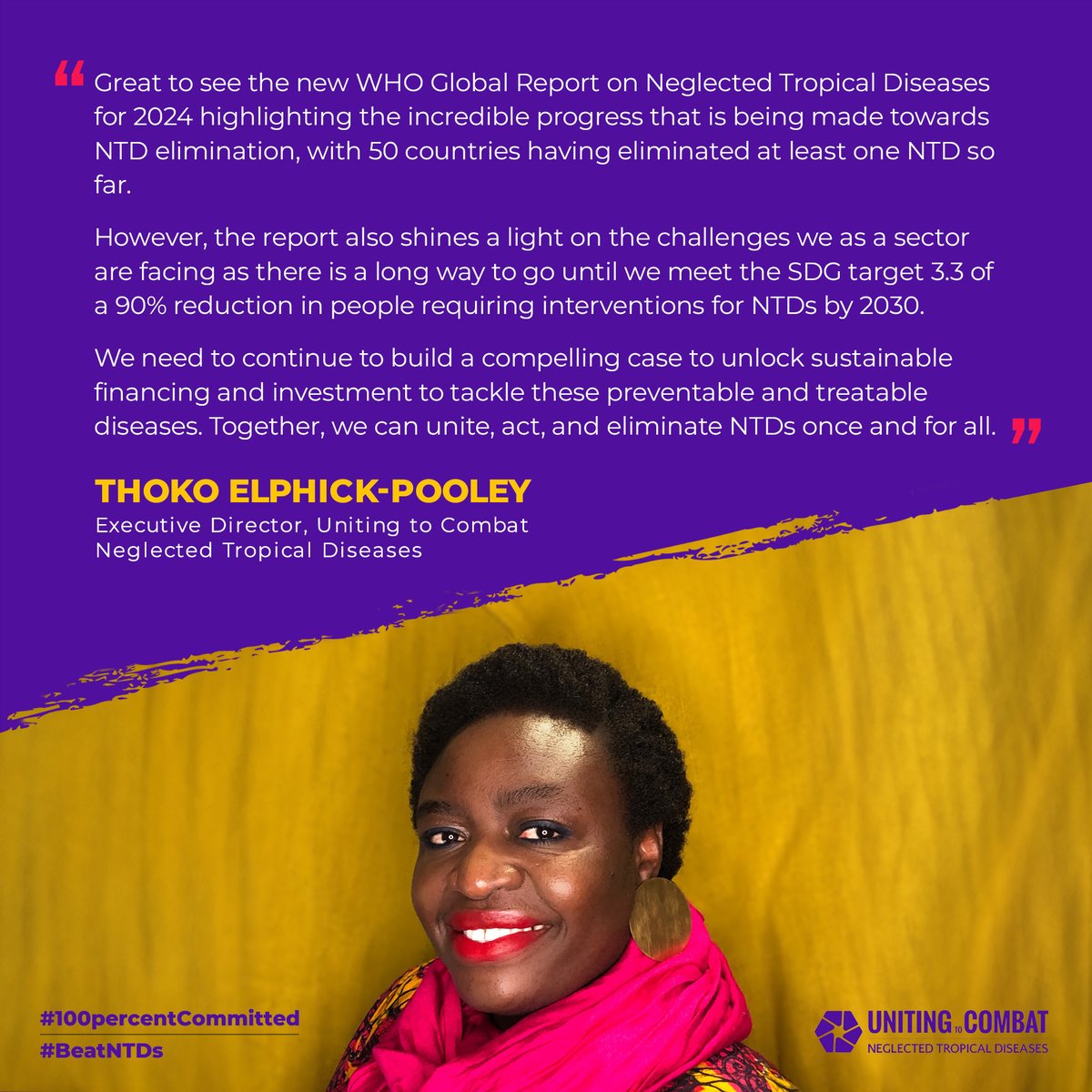 The @WHO Global Report on Neglected Tropical Diseases 2024 is out, highlighting incredible progress to #BeatNTDs! Our Exec Director @ThokoPooley responds to its release & stresses the need for sustainable financing to eliminate NTDs for good. Full report: who.int/teams/control-…