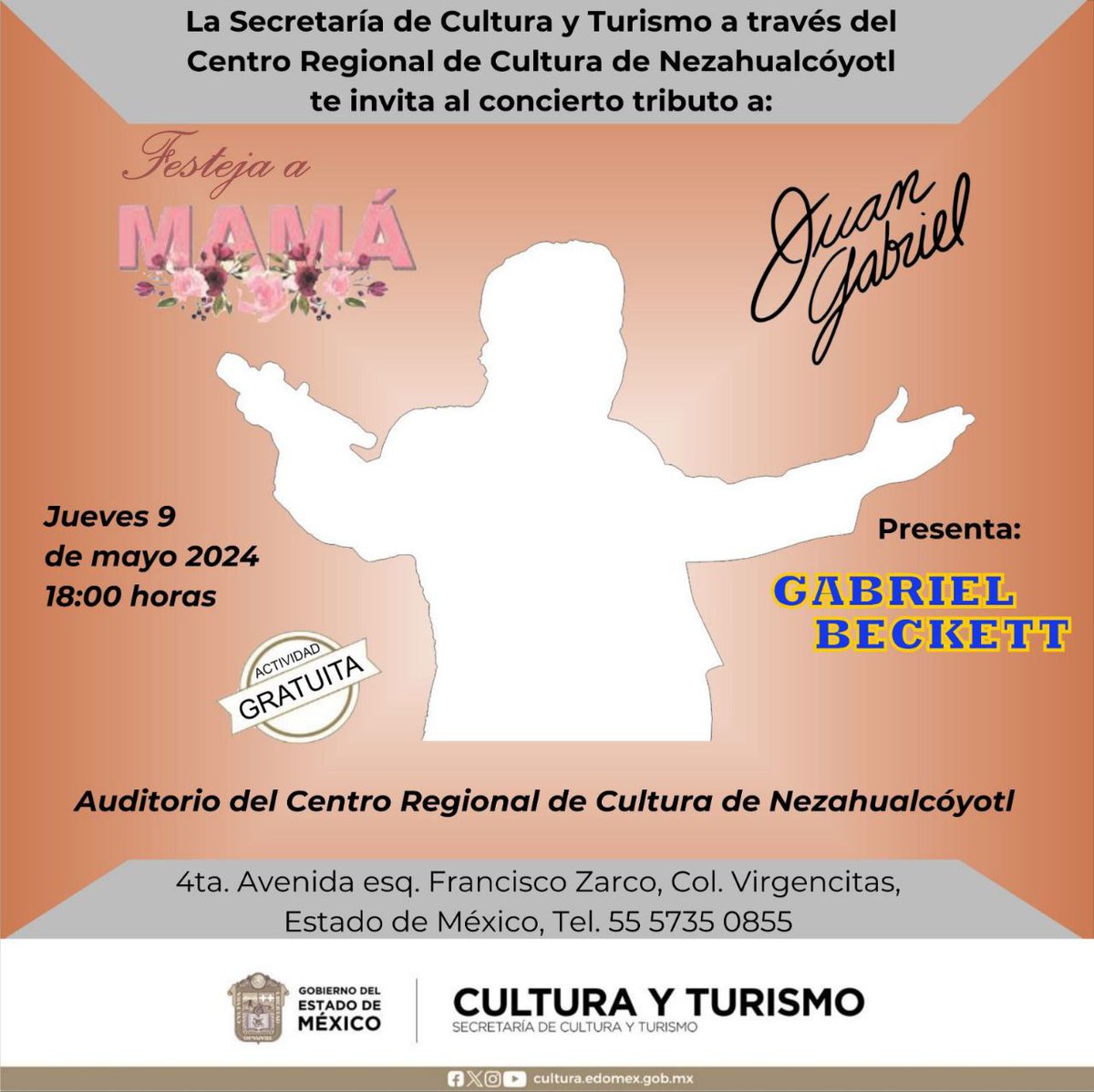 💐 Consciente a mamá en su día, los esperamos este jueves 9 de mayo en el Auditorio del Centro Regional de Cultura de #Nezahualcóyotl con el increíble concierto “Tributo a Juan Gabriel” 🎤🎶. ¡No se lo pueden perder! ⏰ 18:00 horas. 🎟️ #EntradaGratuita