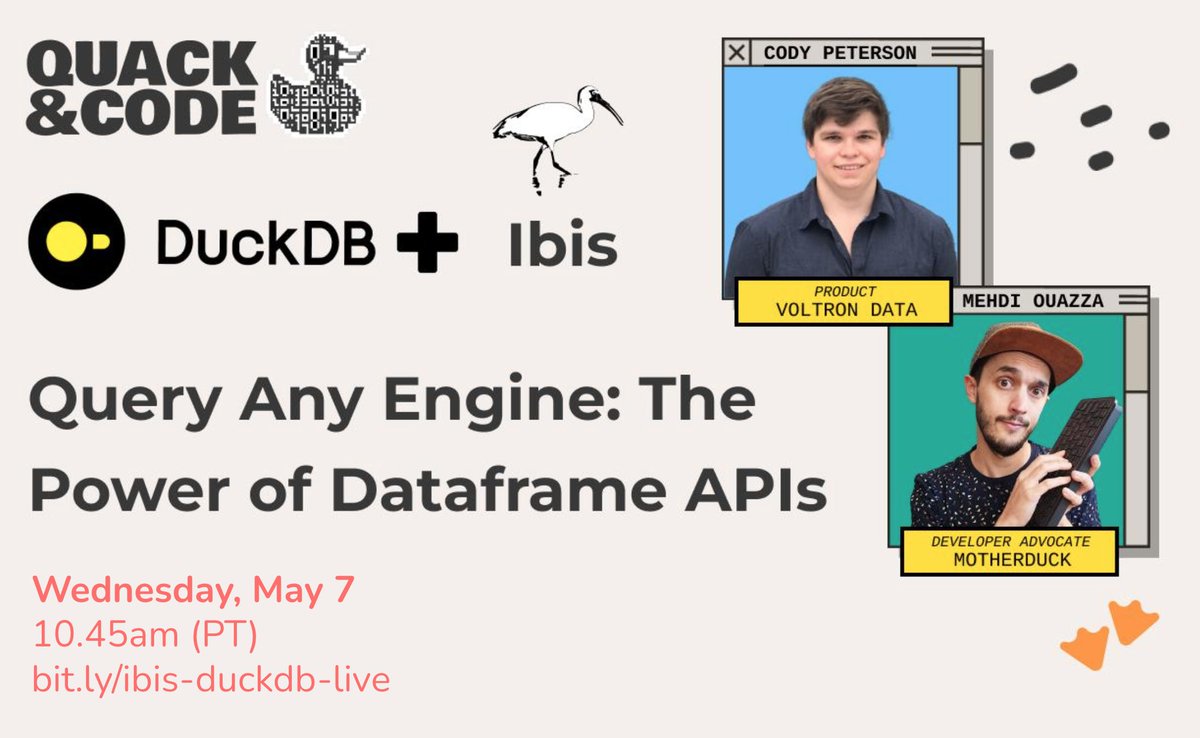 If you're using DuckDB, come join our discussion today on how you can leverage Ibis to give your @duckdb pipelines even more power. You can run your local experiments using DuckDB, and deploy to production using Ibis with a single line of code change! Ibis supports 20+…